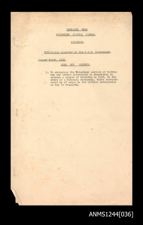 Extracts from the Volunteer Coastal Patrol handbook, Officially approved by the NSW Government, issued March 1941[2]