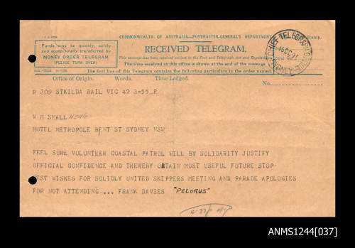 Received telegram addressed to Bill Small from Frank Davies, PELORUS