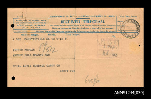 Telegram addressed to Arthur Morgan, 15 June 1941