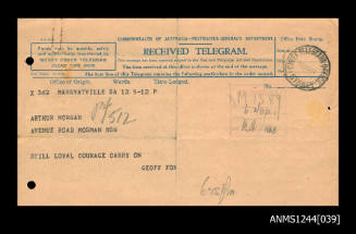 Telegram addressed to Arthur Morgan, 15 June 1941