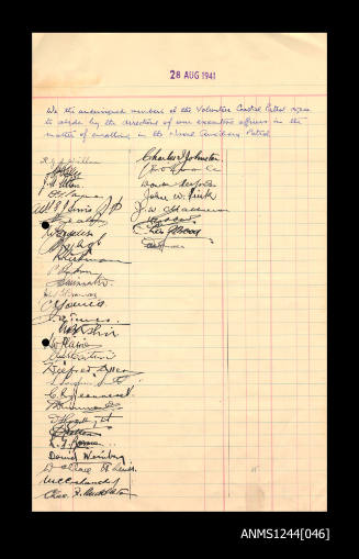 Petition and Volunteer Coastal Patrol members' signatures supporting the decision not to join the Naval Auxiliary Patrol, 28 August 1941

