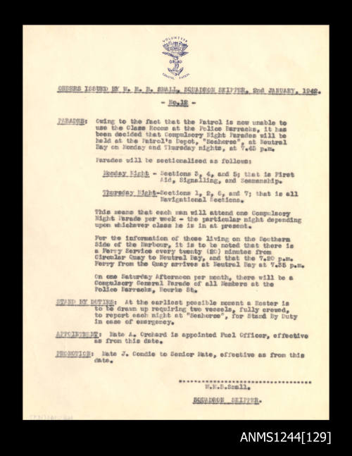 Memo- Squadron Skipper Small's orders to the VCP members, No 12, 2nd January 1942 [1]