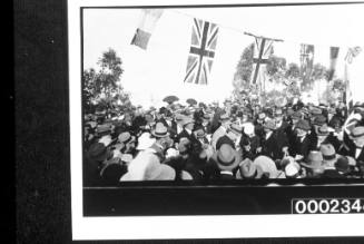 Crowd of people gathered underneath a row of flags with trees in the background