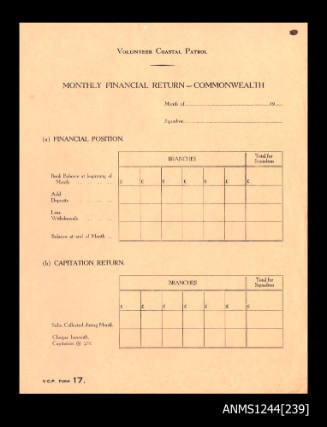 Volunteer Coastal Patrol monthly financial return- Commonwealth