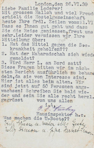 Letter addressed to the Lederer family sent from a Refugee Hostel in London 26 June 1939