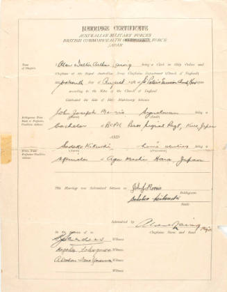 Marriage Certificate issued by the Australian Military Forces, 1952