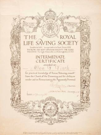 The Royal Life Saving Society Intermediate Certificate awarded to Allan W. Winch, 24 January 1937