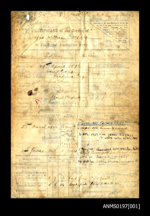 Certificates of Service in the Royal Australian Navy Leading Seaman Wilfred William Boshier