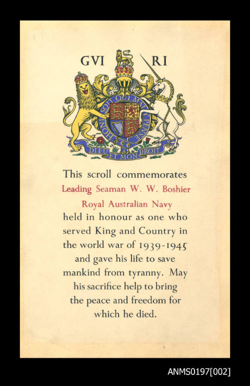 Commemorative scroll for Leading Seaman WW Boshier for service in the Royal Australian Navy