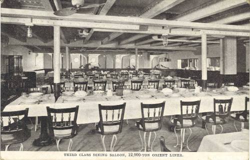 Postcard titled: Third Class Dining Saloon, 12,000-ton Orient Liner