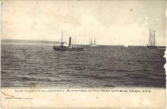 Postcard titled: Puget Mill Company, Schooner in tow, Port Gamble, Washington, USA