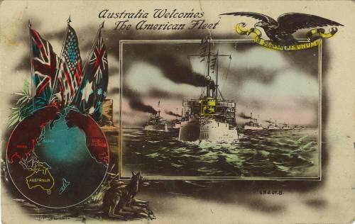 Postcard titled:  Australia Welcomes the American Fleet