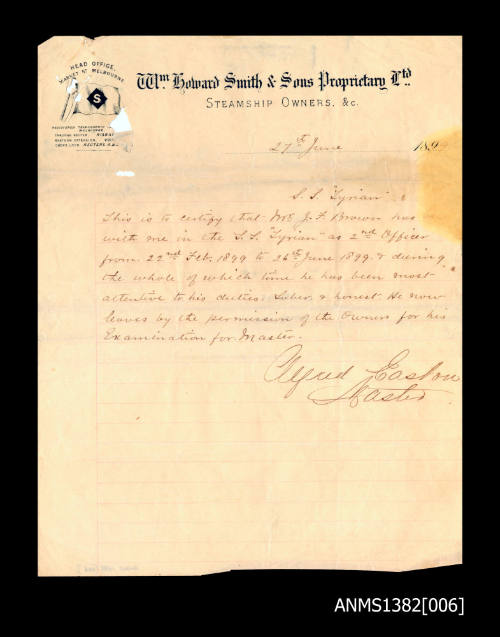 Reference by the Master of the SS SYRIAN, certifying that Mr J F Brown has served as Second Officer from February to June 1899