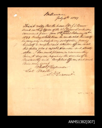 Reference from Fred Chapman, Late Master of the SS DERWENT, certifying that J F Brown served as chief officer from June 1898 to February 1899, and highly recommends him