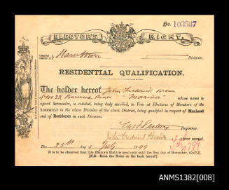Elector's Right Residential Qualification for the electoral district of Hawthorn for John Frederick Brown