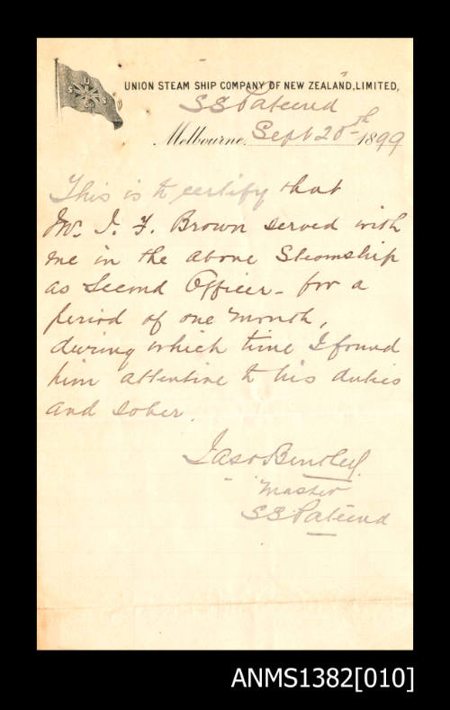 Reference from the Master of SS PATEINA ( ? ), certifying that Mr J F Brown has served on the named ship for one month
