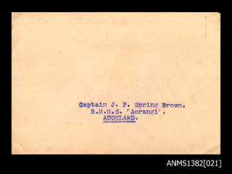 Envelope addressed to Captain J F Spring Brown, RMMS AORANGI Auckland