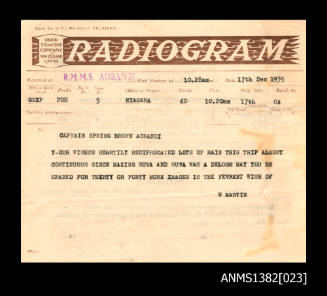Union Steam Ship Company of New Zealand Limited Radiogram from W Martin to Captain Spring Brown