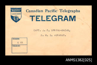 Canadian Pacific Telegraphs Telegram envelope addressed to Capt J F Spring-Brown, RMS AORANGI