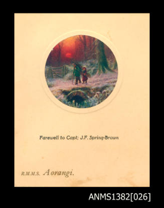Luncheon menu for AORANGI featuring a colour illustration and the words 'Farewell to Capt J F Spring- Brown / RMMS AORANGI'.
