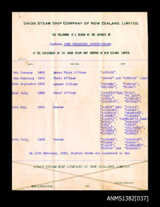 Union Steam Ship Company of New Zealand, Limited record of the services of Captain John Frederick Spring-Brown