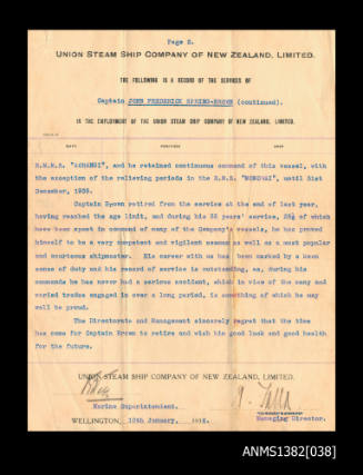 Page 2 of Union Steam Ship Company of New Zealand, Limited record of the services of Captain John Frederick Spring-Brown