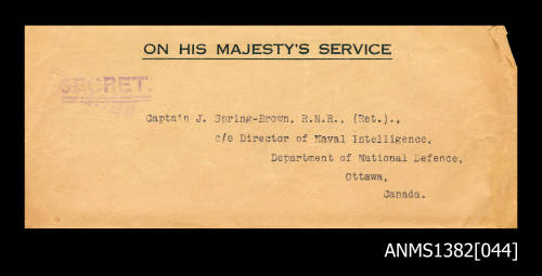 Envelope addressed to Captain J Spring-Brown, care of the Director of Naval Intelligence, Department of National Defence, Ottawa, Canada