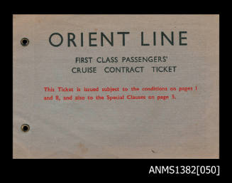 Orient Line First Class Passengers' Cruise Contract Ticket for Mrs Spring Brown for travel from Sydney to Suva ( Fiji ), and return to Sydney, on the OTRANTO