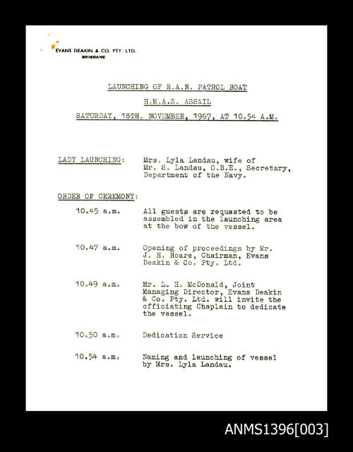 Program for the launching of HMAS ASSAIL