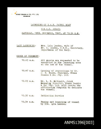 Program for the launching of HMAS ASSAIL