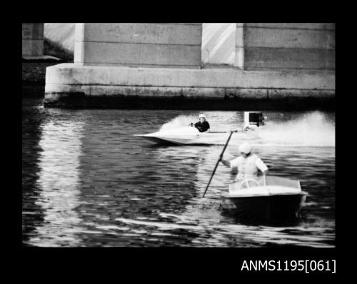 Silverwater January 1971, unidentified outboard catamaran and an unidentified runabout