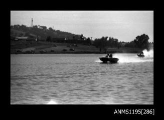 Lake Glenmaggie 1971, two unidentified outboard catamarans