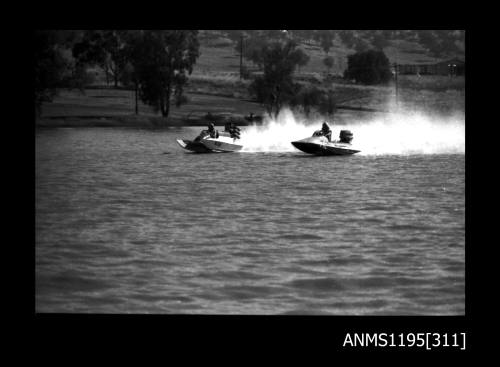 Lake Glenmaggie 1971, two unidentified outboard catamarans