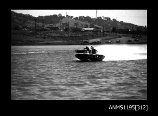 Lake Glenmaggie 1971, two unidentified outboard catamarans