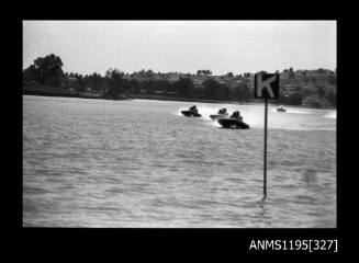 Lake Glenmaggie 1971, four unidentified outboard catamarans