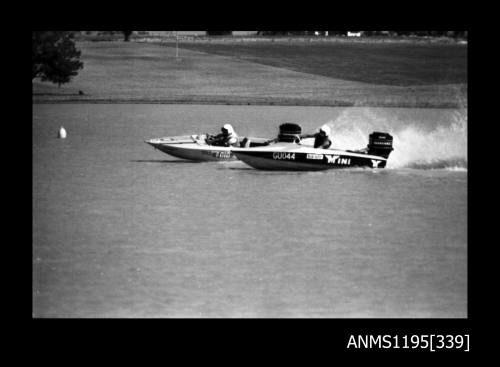 Lake Glenmaggie 1971, outboard runabout MINI and an unidentified outboard powerboat