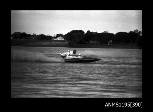 Lake Glenmaggie 1971, picklefork style outboard catamaran ELECTRA FIRE and an unidentified outboard catamaran