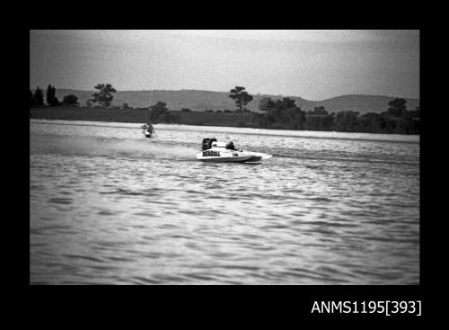 Lake Glenmaggie 1971, picklefork style outboard catamaran SEAGULL