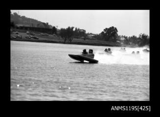 Lake Glenmaggie 1971, five unidentified outboard catamarans