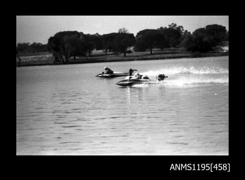 Lake Glenmaggie 1971, outboard hydroplane DOMINATOR and an unidentified outboard powerboat