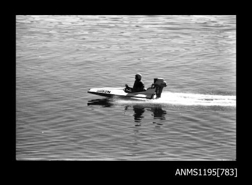 Silverwater Speedboat Club early 1970s, mini outboard catamaran on trials