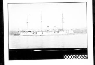 Three masted warship at mooring in harbour