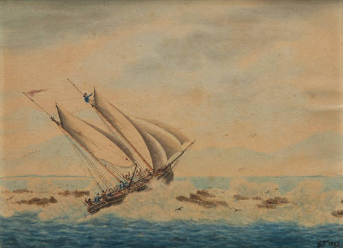 The PANDORA's tender pushing over the reef between New Holland and New Guinea in the year 1791