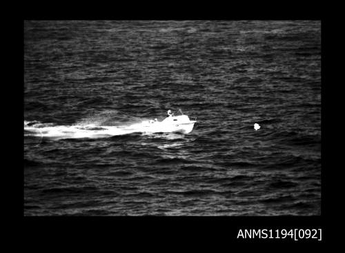 Offshore powerboat racing 1970s, unidentified outboard half cabin boat