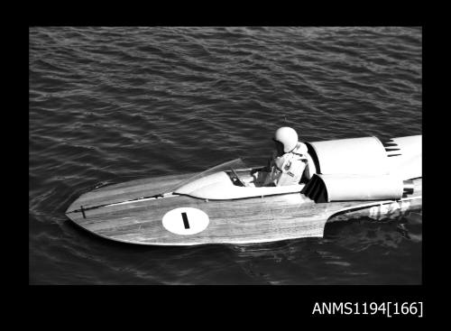 Cowan Creek TV ad filming early 1970s, hydroplane stationary on the water