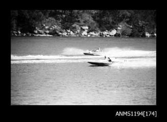 Cowan Creek TV ad filming early 1970s, two hydroplanes at speed