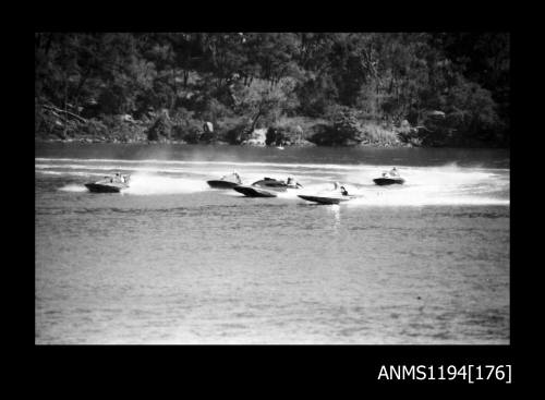 Cowan Creek TV ad filming early 1970s, five hydroplanes at speed