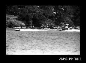 Cowan Creek TV ad filming early 1970s, two hydroplanes at speed
