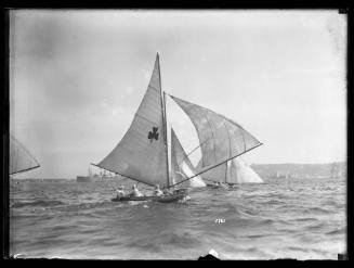 18-foot skiffs, one  with Shamrock sail insignia wilth spinnaker set