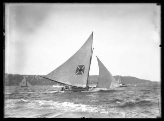 18-footer MISSISSIPPI sails on Sydney Harbour with Mosman shore in distance, 10 January 1931